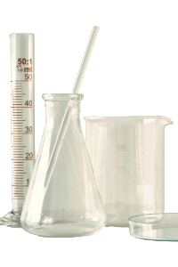 Group of clear, empty laboratory glassware including beakers, a graduated cylinder, and a stirring rod, symbolizing scientific precision and quality assurance