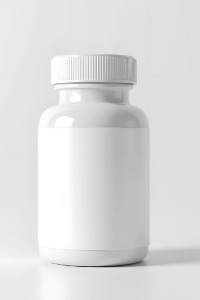 Blank white supplement bottle with space for labeling, highlighting customizable bulk supplement packaging